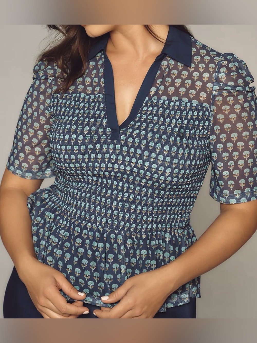 Maeve Short Sleeve Smocked Semi Sheer Polo Top Shirt V-neck Mesh Blue XL
